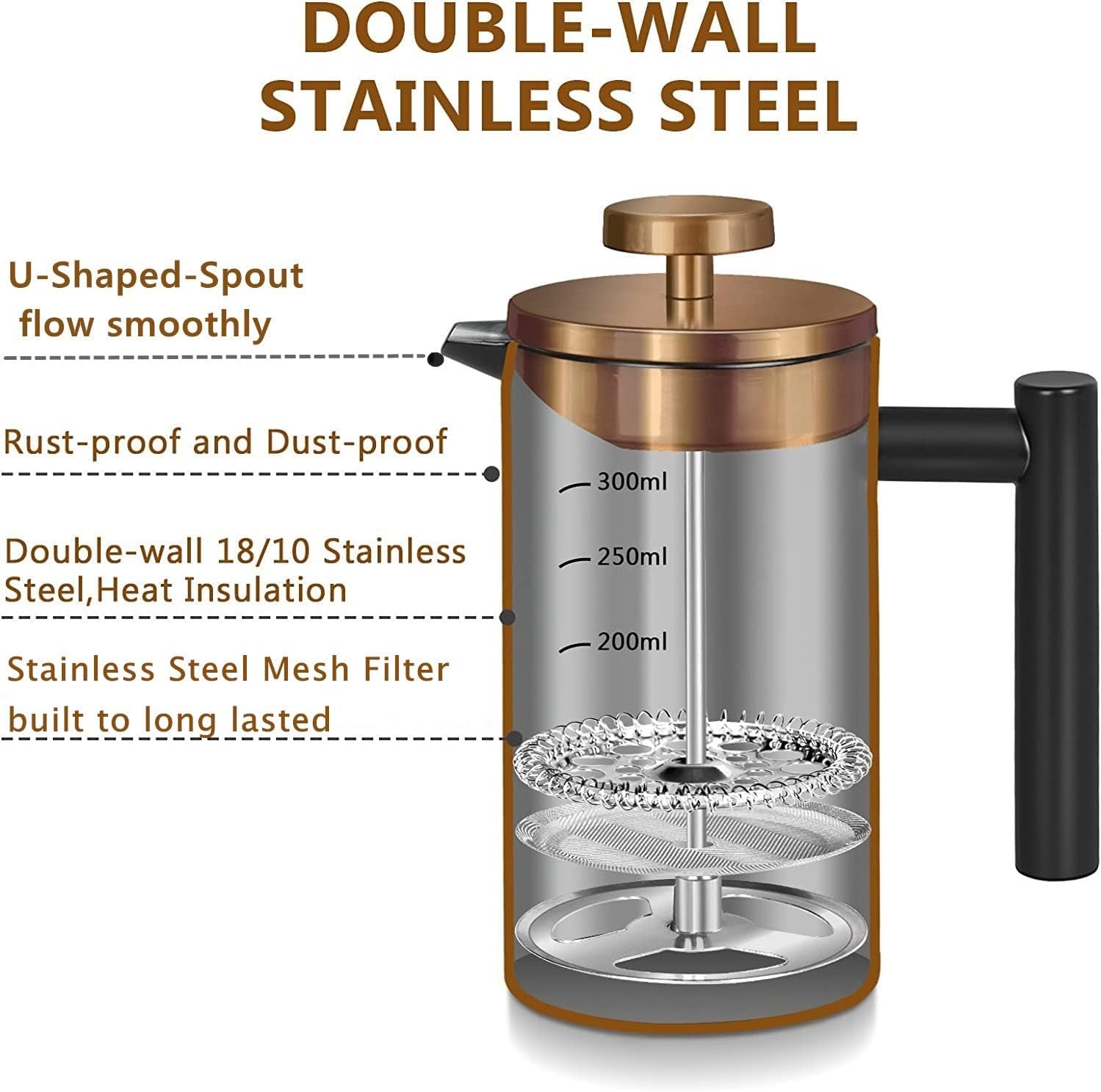 MaxMiuly Small Cafetiere 1 Cup Stainless Steel French Press Coffee Maker 1687