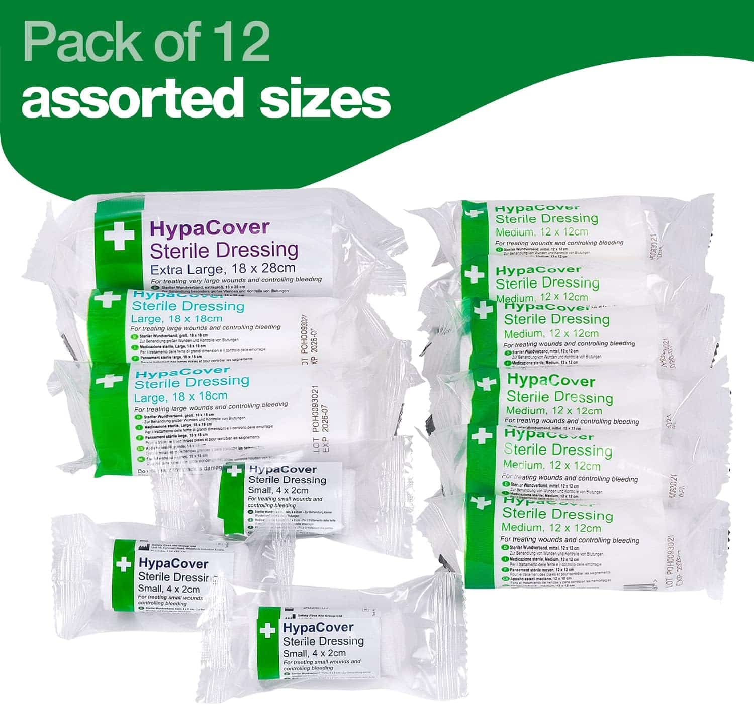 HypaCover Sterile wound Dressings, Assorted Pack of 12 Bandages with Sterile Dressing Pad 21026