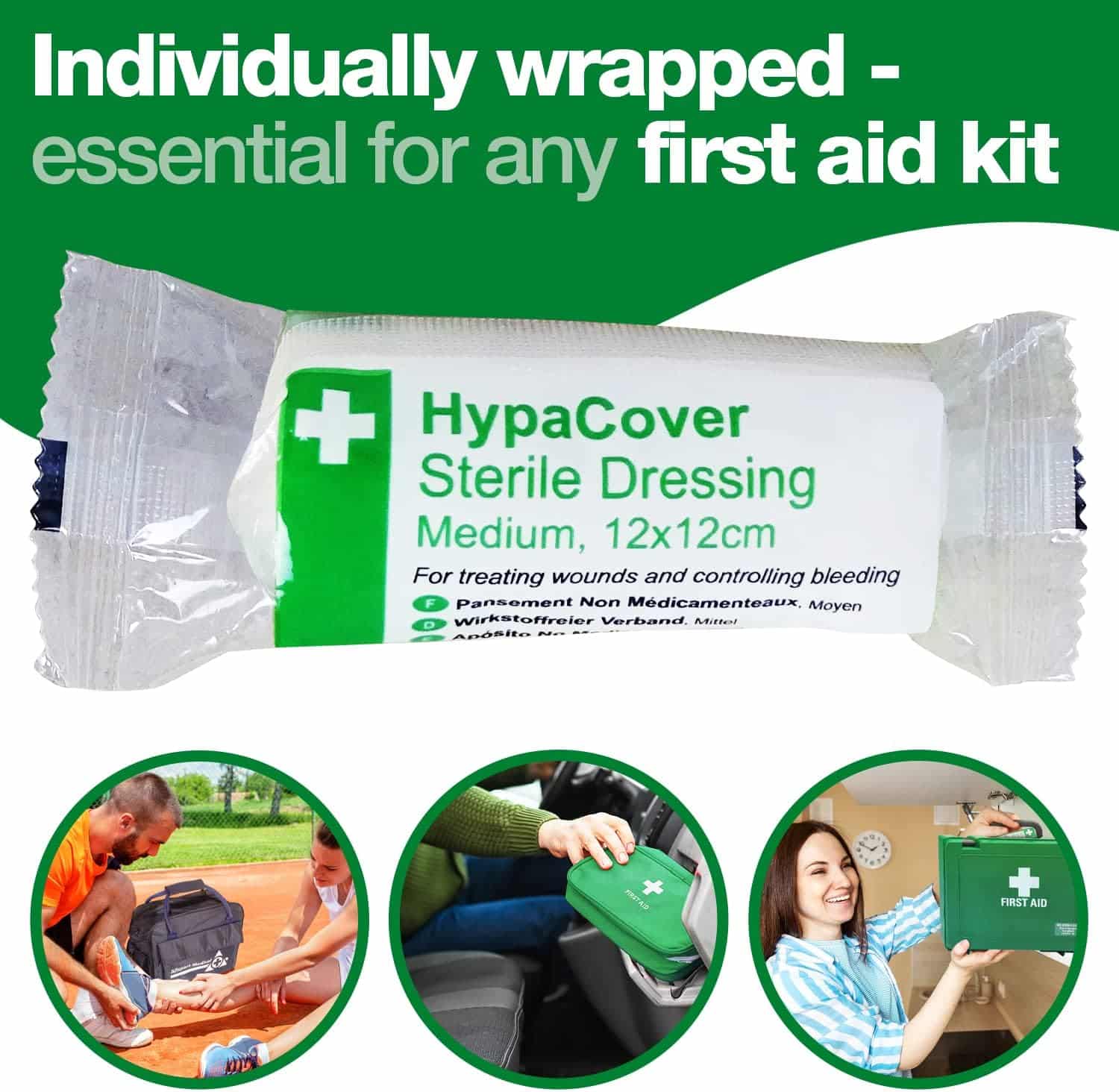 HypaCover Sterile wound Dressings, Assorted Pack of 12 Bandages with Sterile Dressing Pad 21026