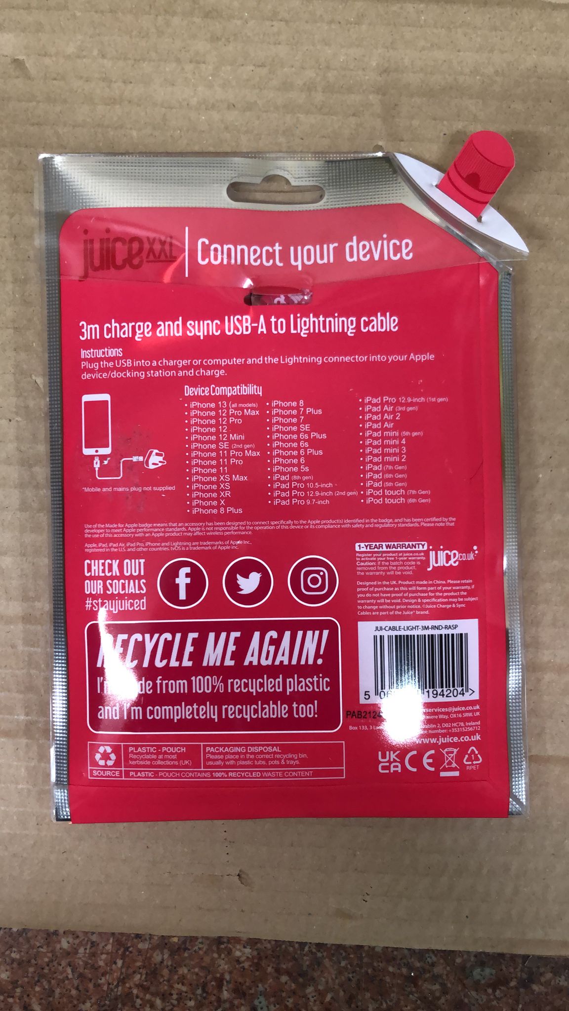 Juice Apple iPhone Lightning 3m Charger and Sync Cable 4204