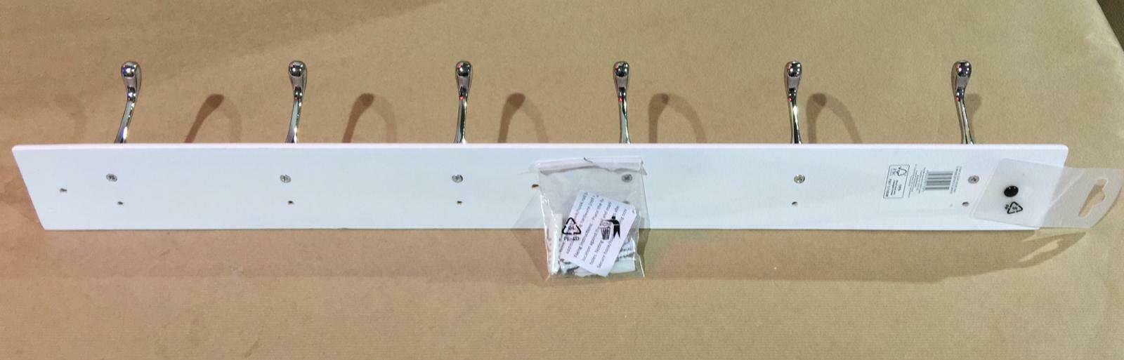 White &amp; Hook rail, 6 Hooks (L)685mm (H)15mm 0134