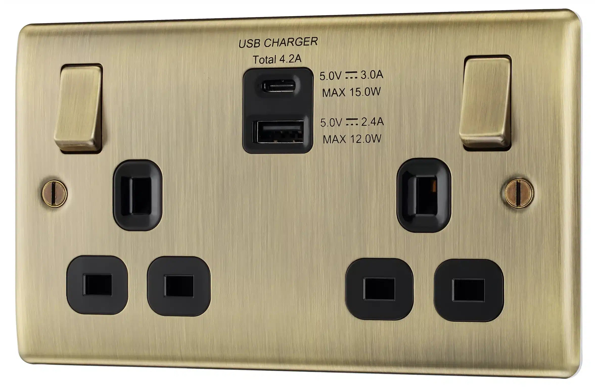 BG Antique Brass Double 13A Switched Socket with USB x2 4.2A & Black inserts-2939