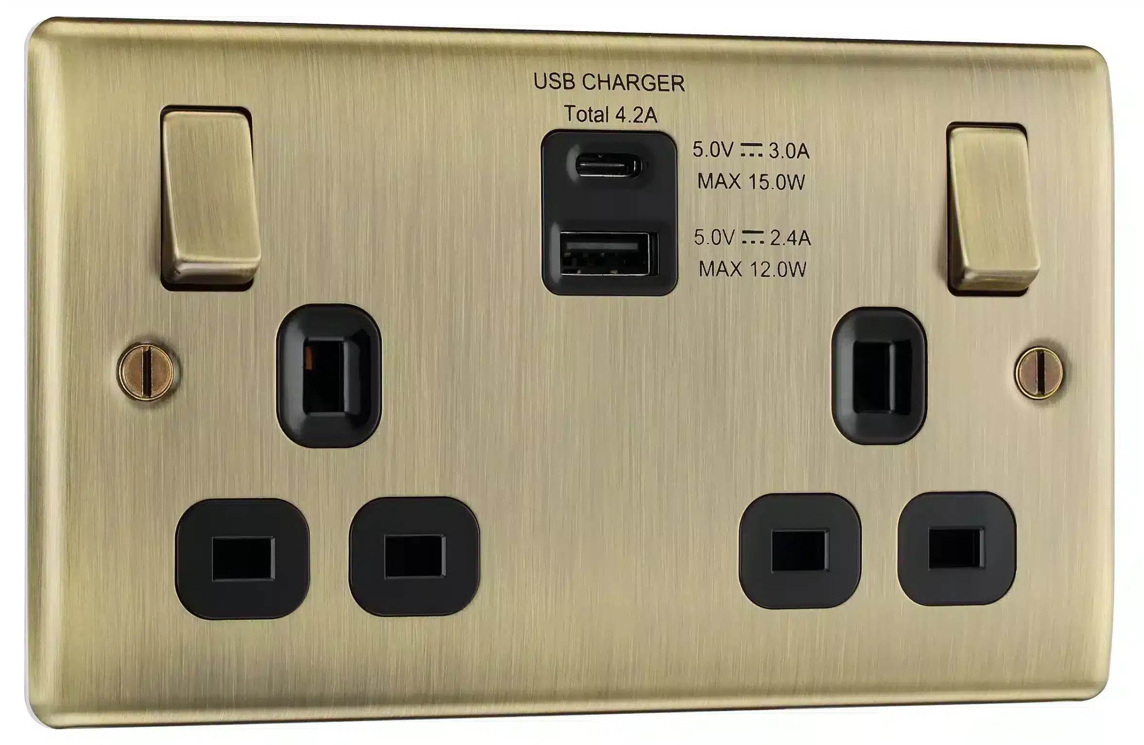 BG Antique Brass Double 13A Switched Socket with USB x2 4.2A & Black inserts-2939