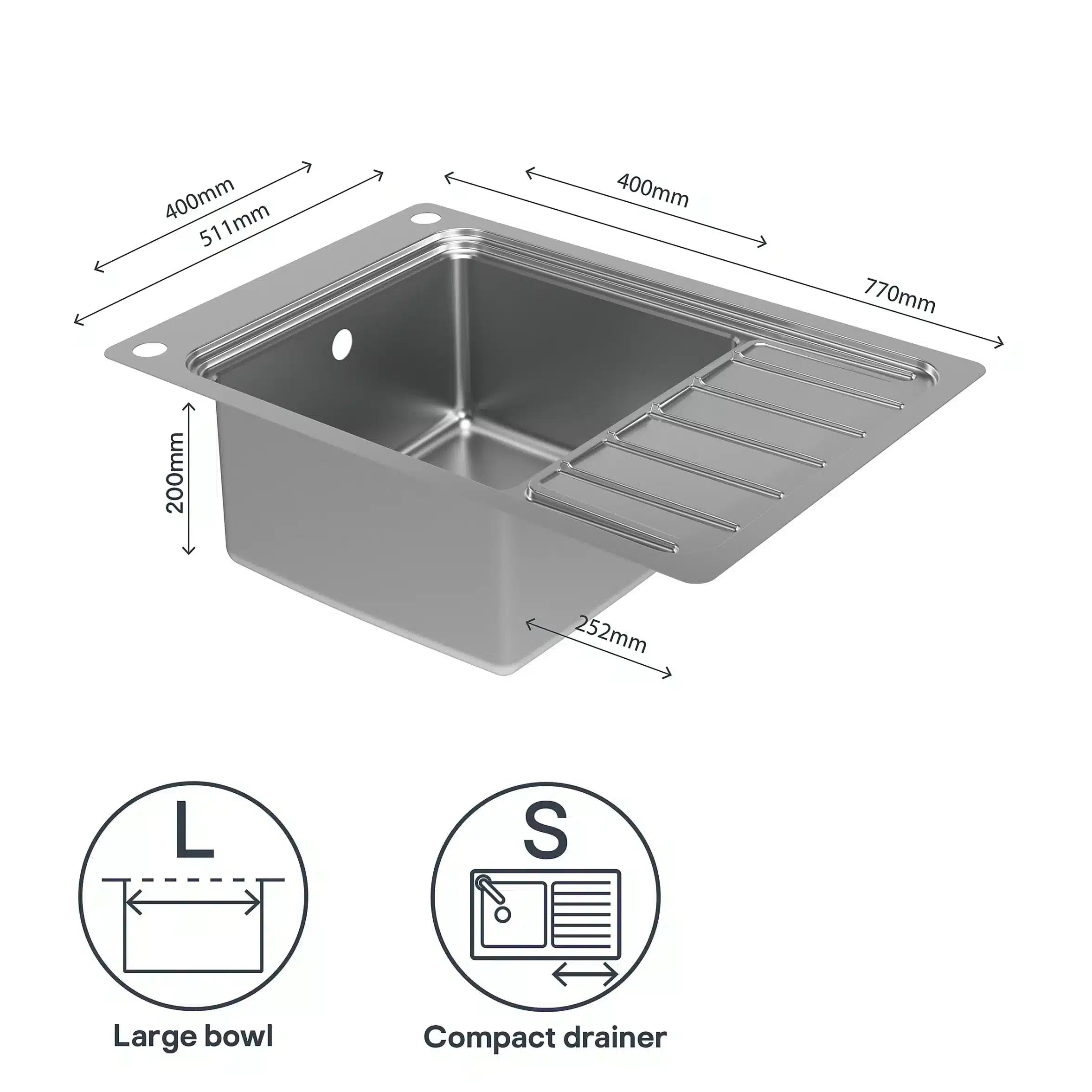 GoodHome Romesco Brushed Stainless steel 1 Bowl Kitchen sink With compact drainer-8762